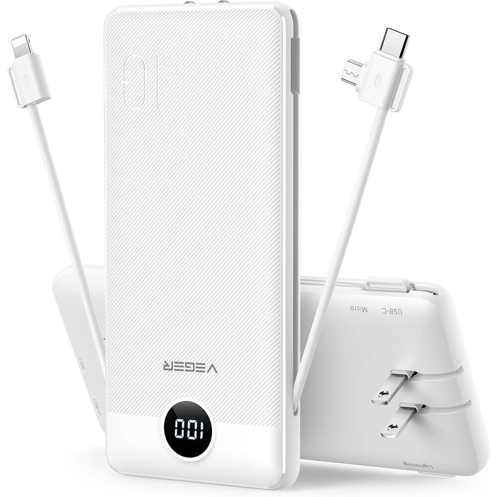 VEGER Portable Charger 10000mAh Slim Fast Charging USB C Power Bank White